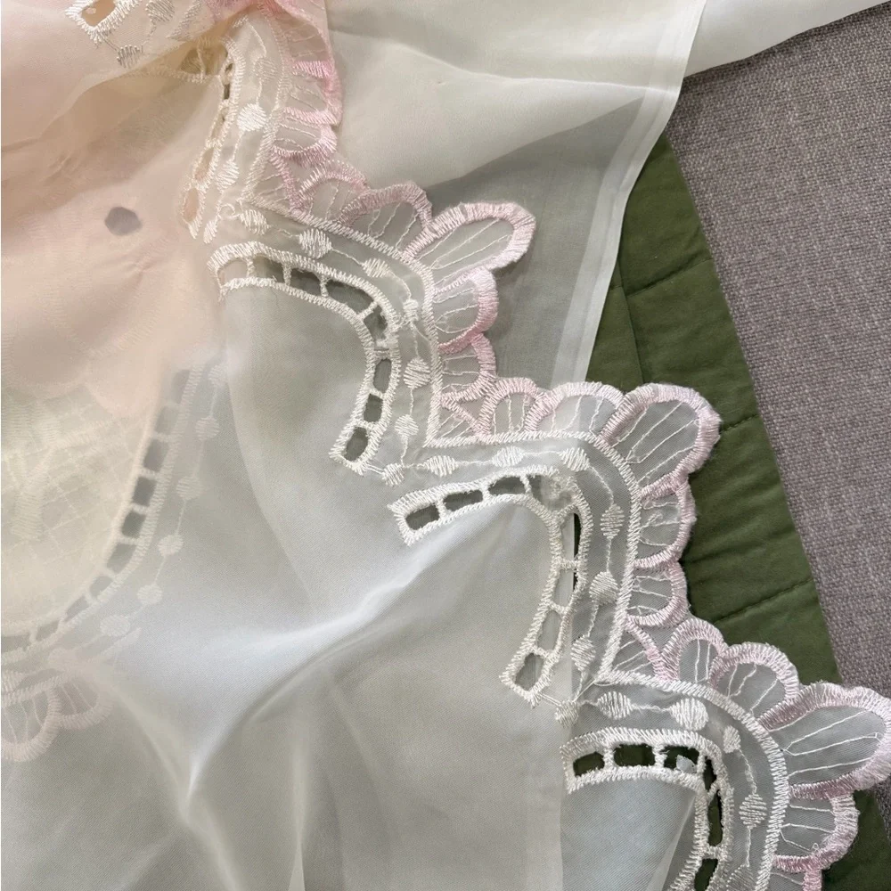 Vintage Sheer Curtains – Pink Rose Embroidered Floral Lace, Cottagecore